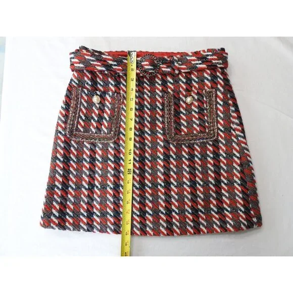 Classic Women's Tweed Skirt Sz XL Quilted Lined Belted Pearl Button Pockets Red - Picture 6 of 14